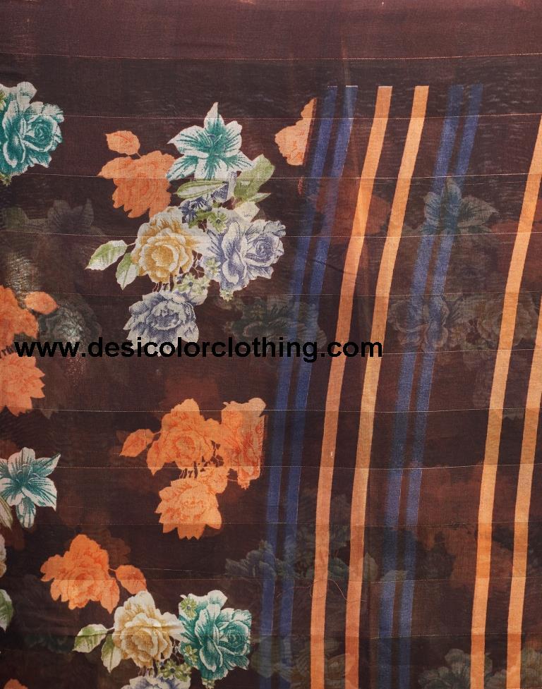 Dark Brown Cotton Printed Saree