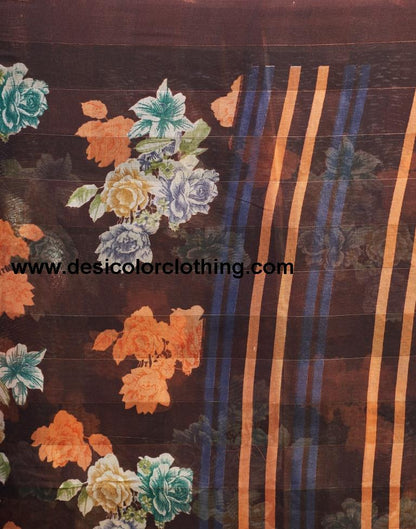 Dark Brown Cotton Printed Saree