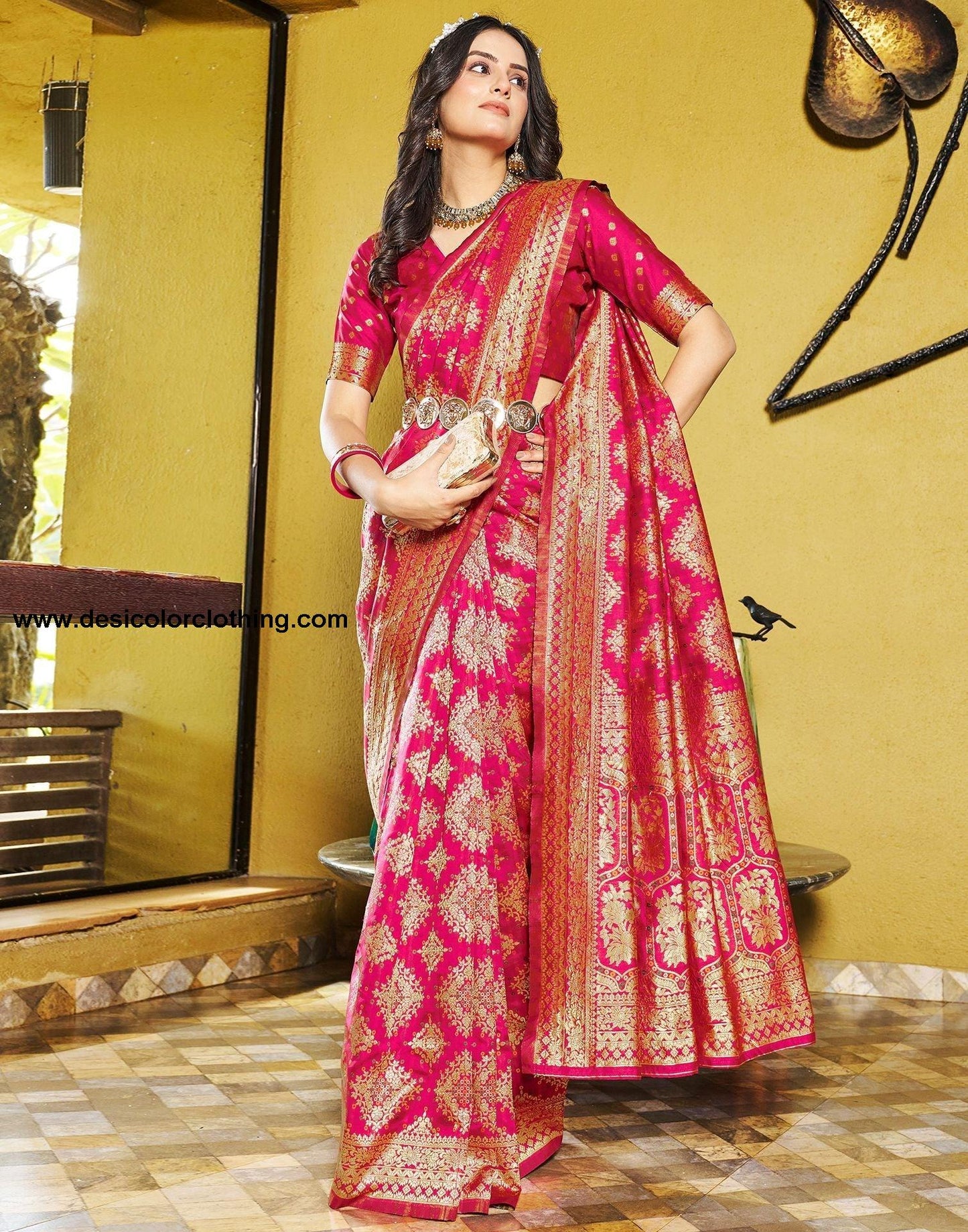 Rani Pink Jacquard Silk Saree