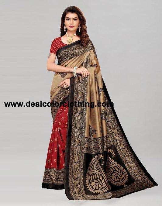 Beige And Maroon Coloured Poly Silk Printed Saree