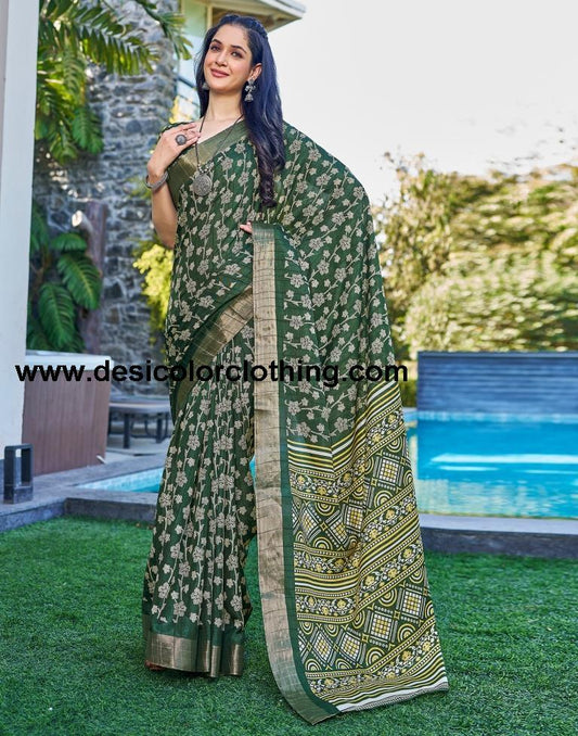 Dark Green Silk Printed Saree