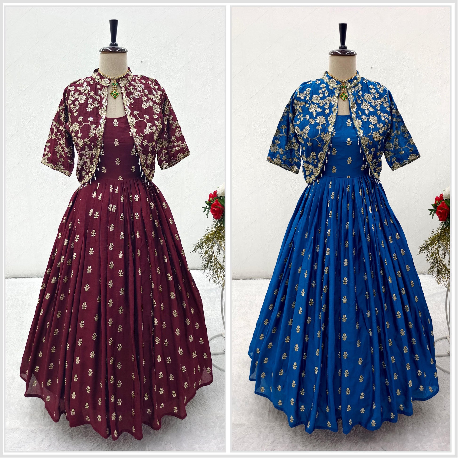Product Image - Exquisite Cinon Silk Gown-Jacket Set for Festive and Wedding Wear