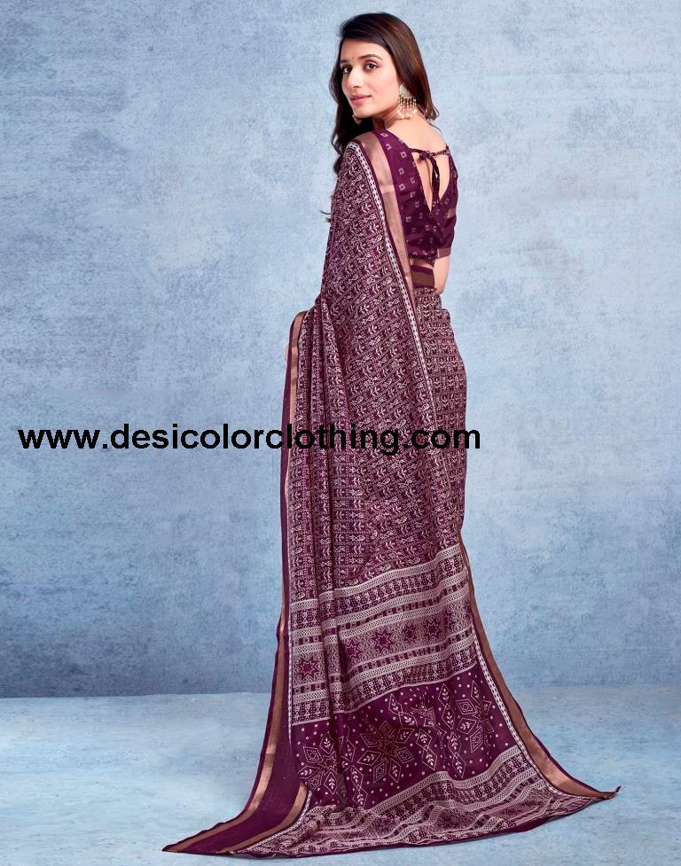 Wine Silk Printed  Saree