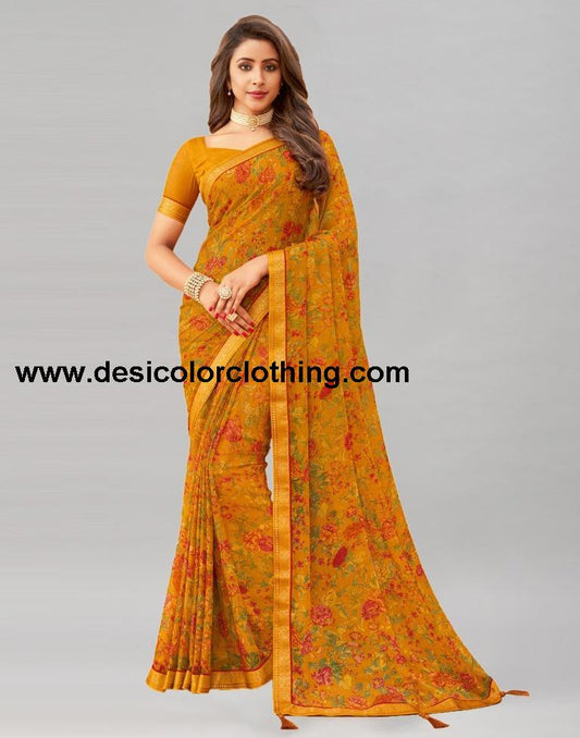 Turmeric Yellow Printed Chiffon Saree | 1976S513