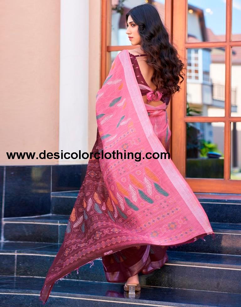 Wine Printed Cotton Saree