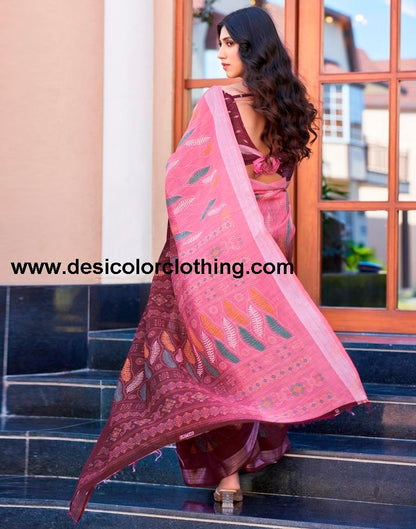 Wine Printed Cotton Saree