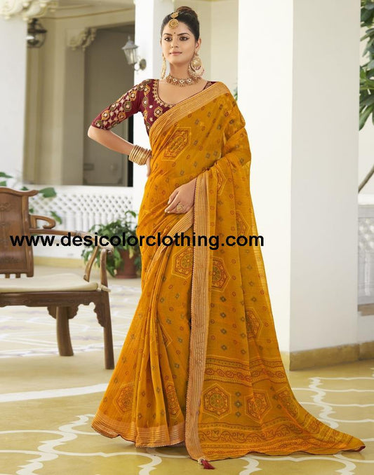 Turmeric Chiffon Bandhani Saree