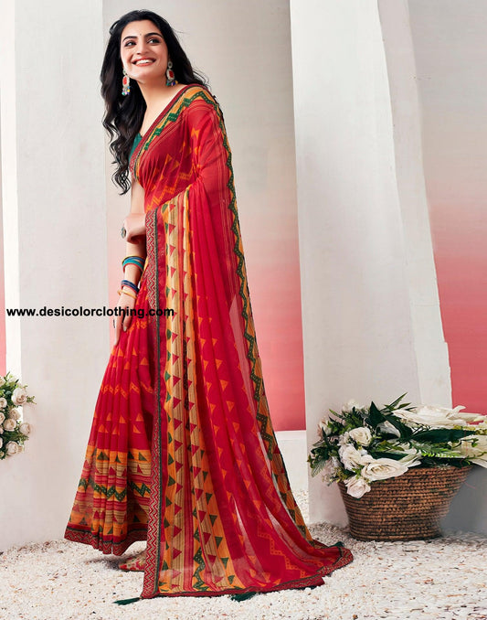 Red Chiffon Printed Saree