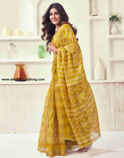 Yellow Cotton Printed Saree