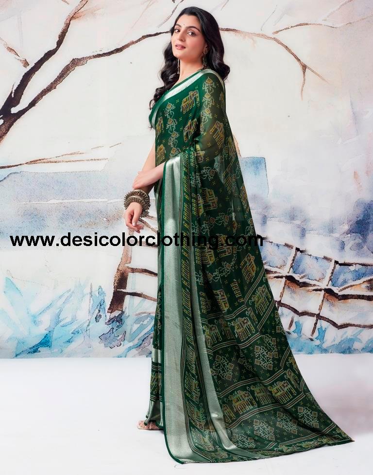 Dark Green Chiffon Printed  Saree
