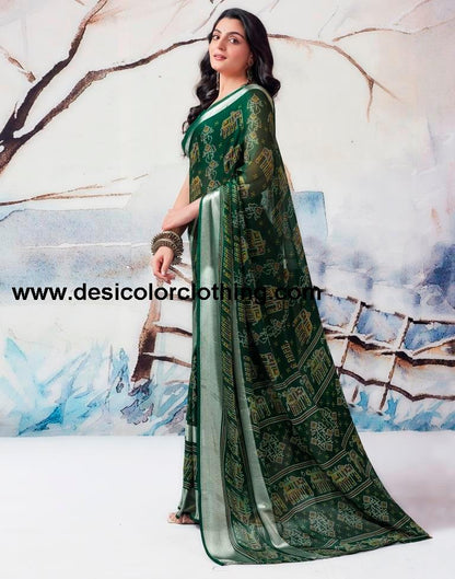 Dark Green Chiffon Printed  Saree