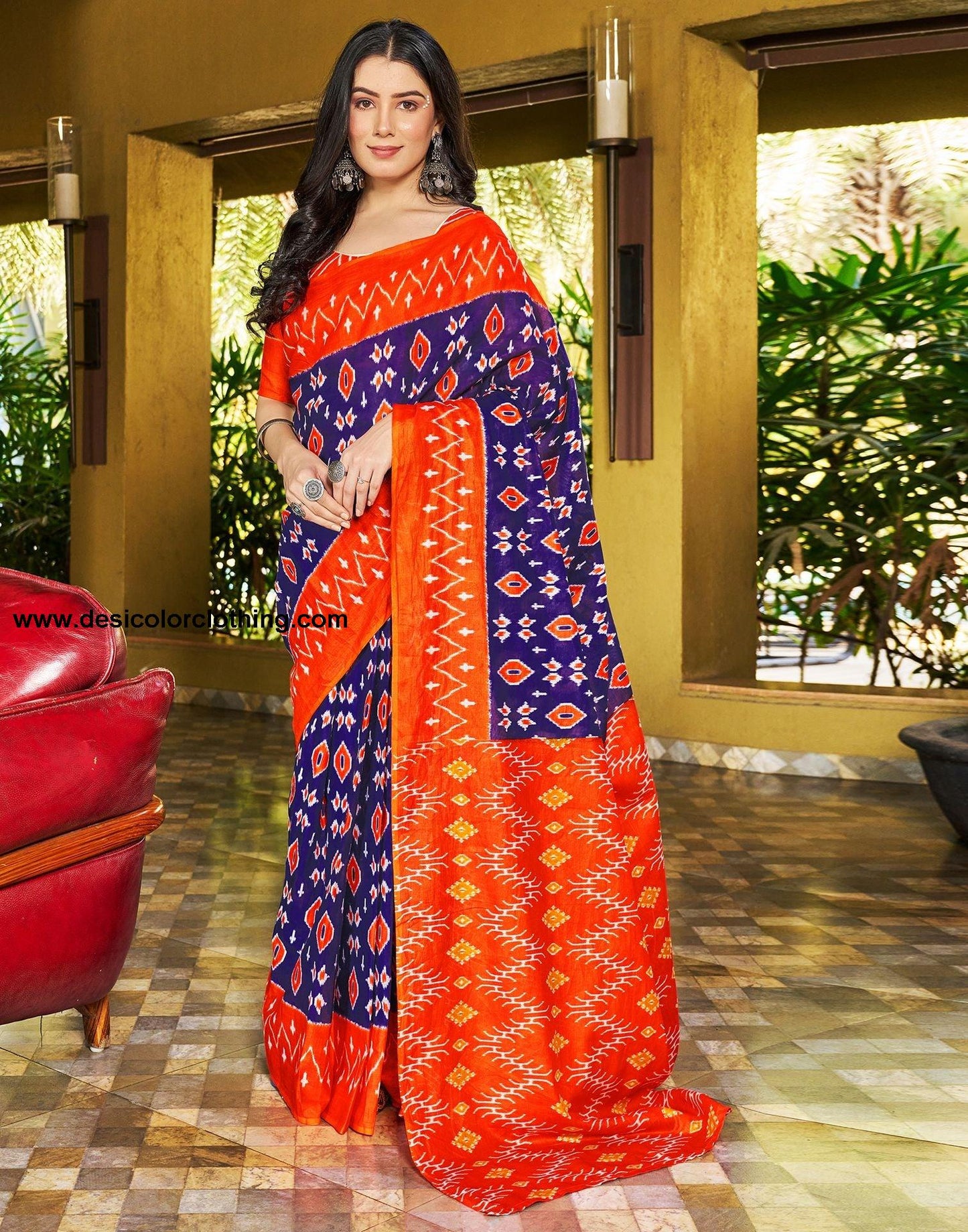 Violet Printed Cotton Pre-draped Saree