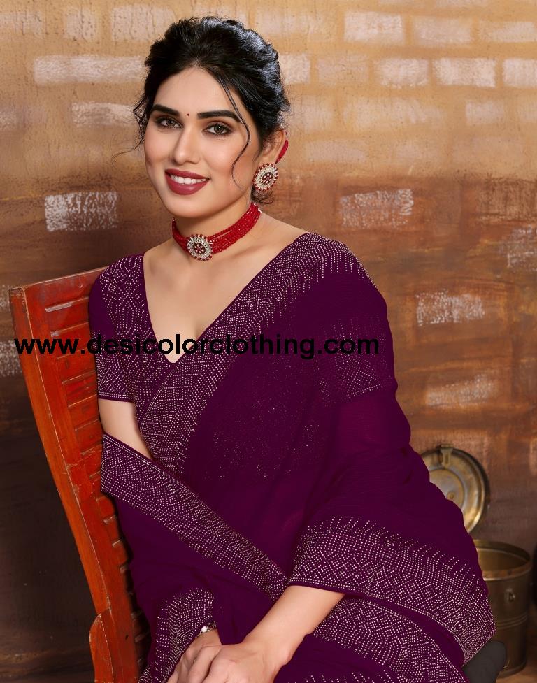 Wine Plain Georgette Saree