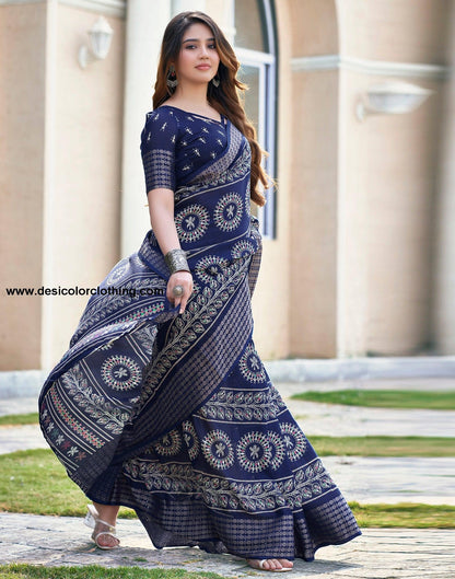 Dark Blue Silk Printed Saree