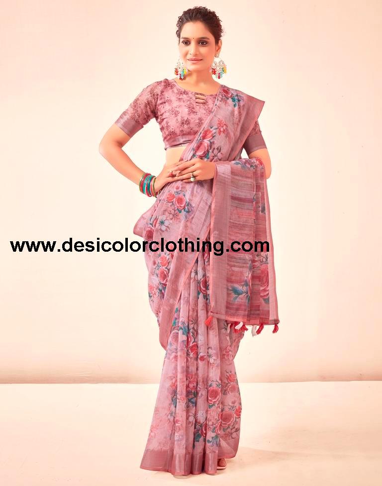 Rose Pink Linen Printed Sarees