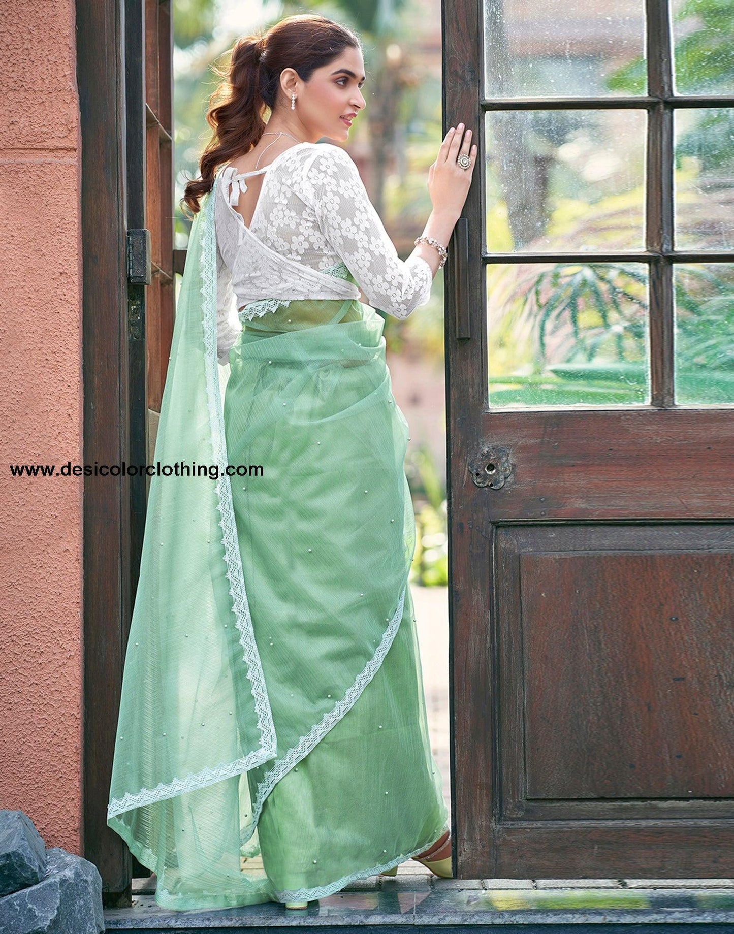 Pista Green Net Plain Saree