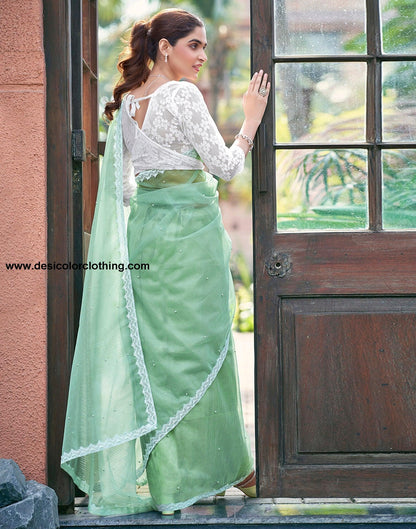 Pista Green Net Plain Saree