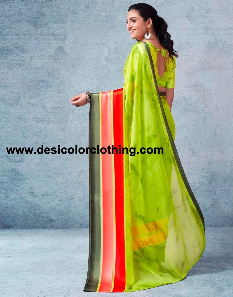 Parrot Green Georgette Printed  Saree