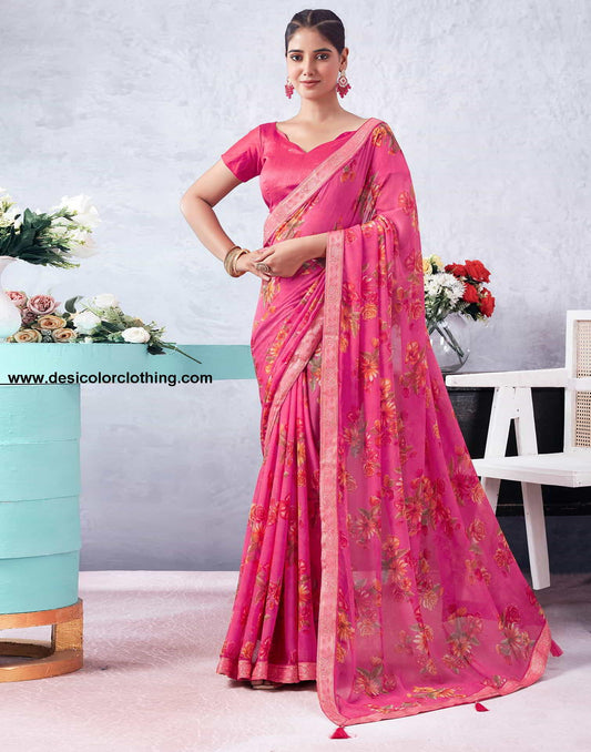 Pink Printed Chiffon Saree