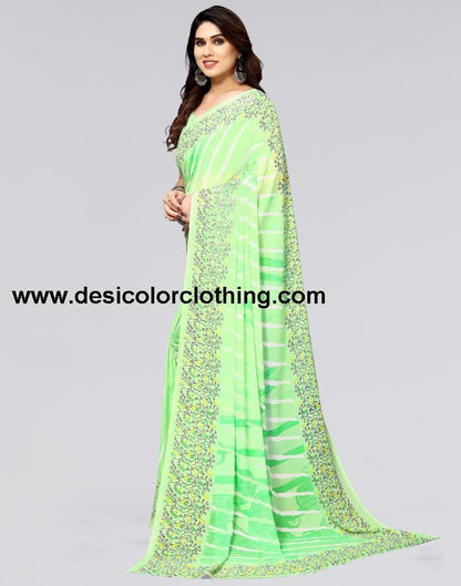 Parrot Green Printed Georgette Saree