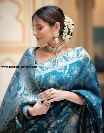 Graceful Blue Art Silk Saree with Plain Weaving Design