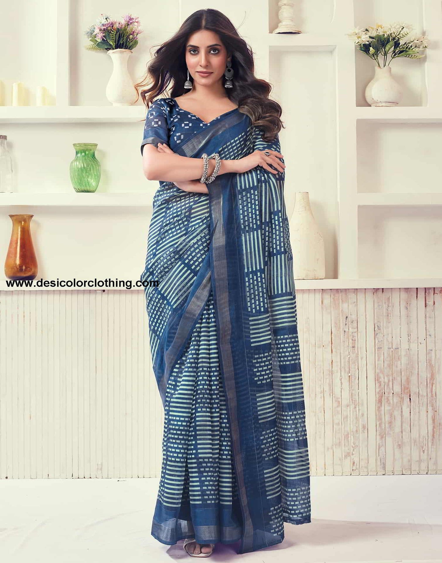 Blue Printed Cotton Geometric Saree