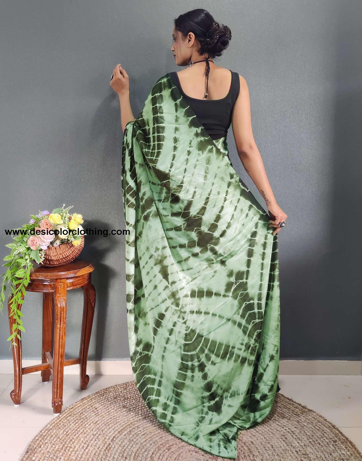 Dull Green Printed Silk Pre-draped Saree