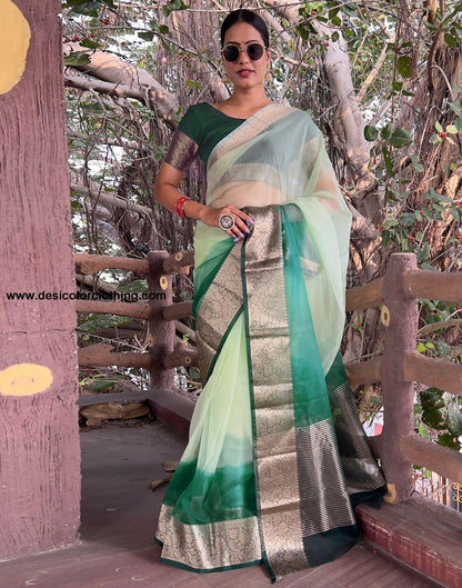 Dark Green Plain Organza Saree