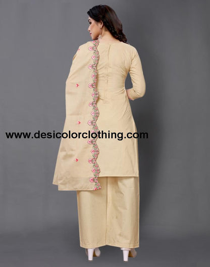 Warm Beige Cotton Embroidered Unstitched Salwar Suit
