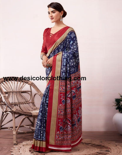 Dark Blue Silk Printed  Saree