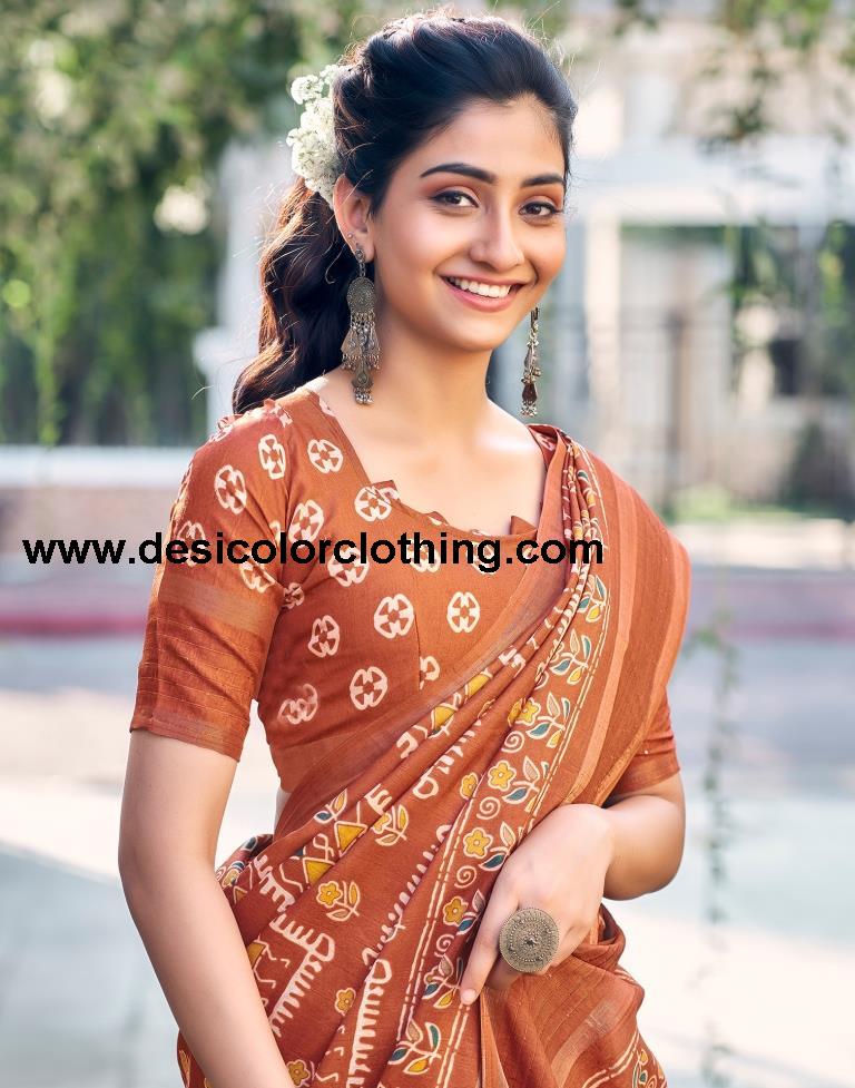 Rust Silk Printed Saree