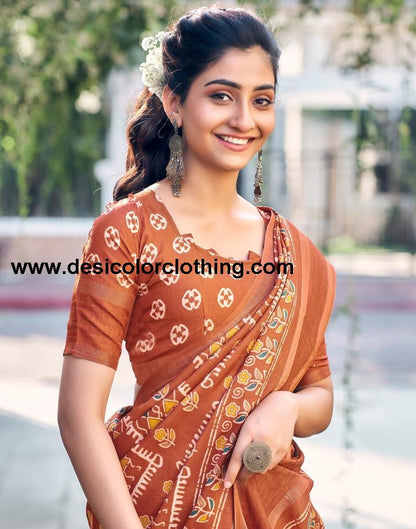 Rust Silk Printed Saree