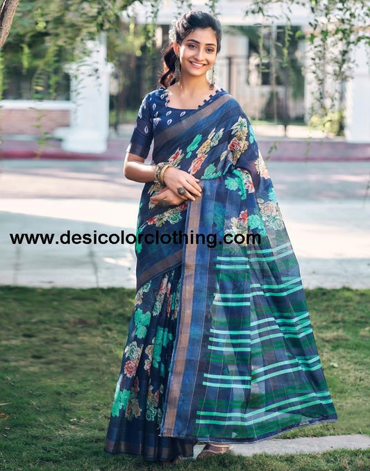 Dark Blue Cotton Printed Saree