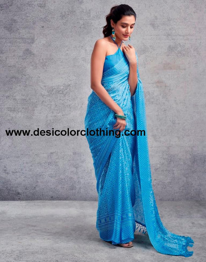 Blue Chiffon Printed  Saree