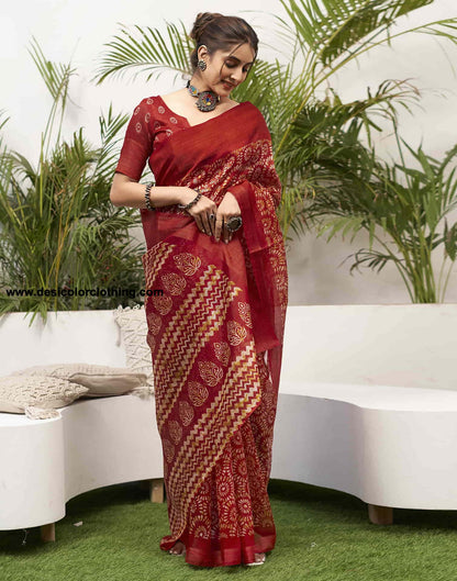 Red Cotton Printed Saree