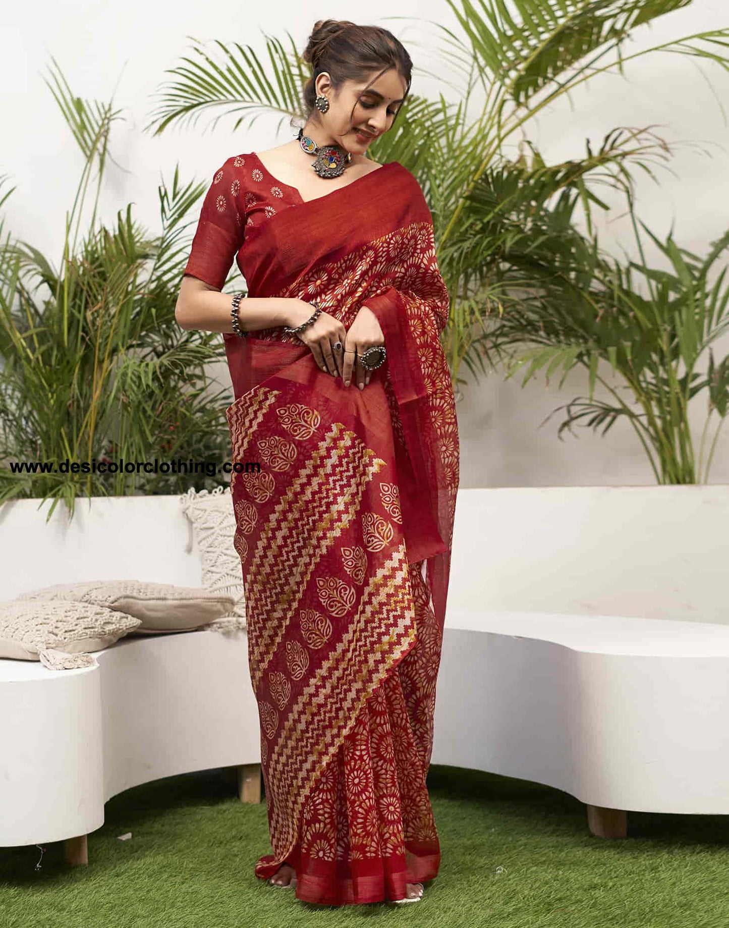 Red Cotton Printed Saree