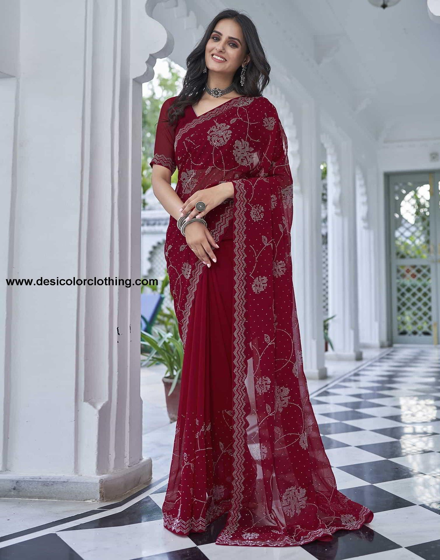 Red Swarovski Georgette Stone Work Saree