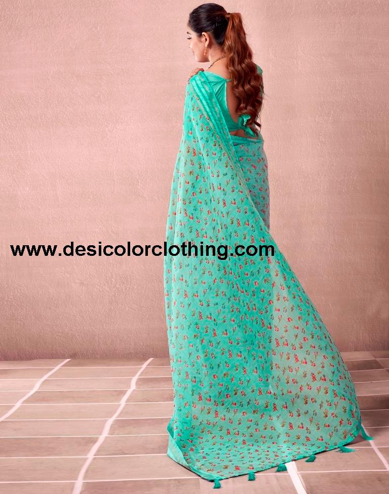 Turquoise Cotton Printed  Saree