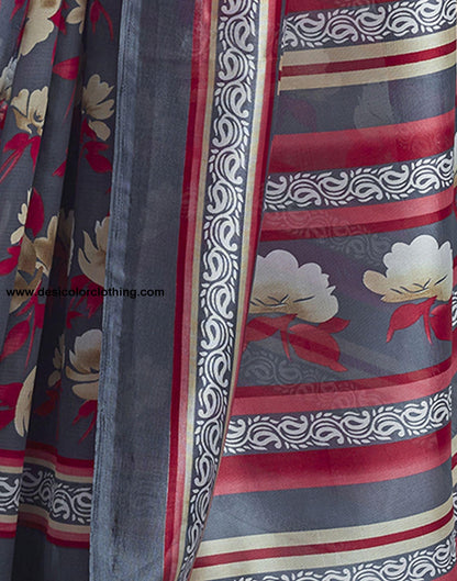 Dark Grey Printed Silk Saree