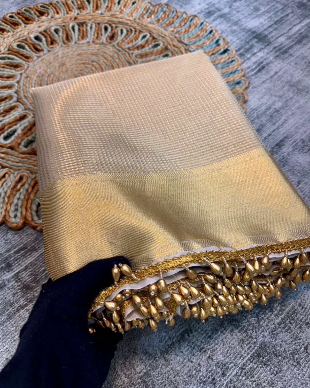 Product Image - Elegant Golden Tissue Silk Saree Inspired by Nayanthara Mam | Designer Antic Gold Border