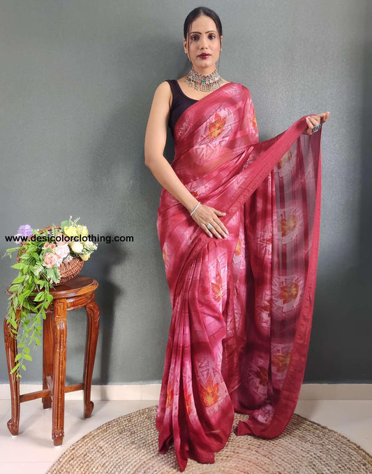 Peach Printed Georgette Pre-draped Saree