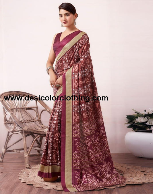 Brown Silk Printed  Saree