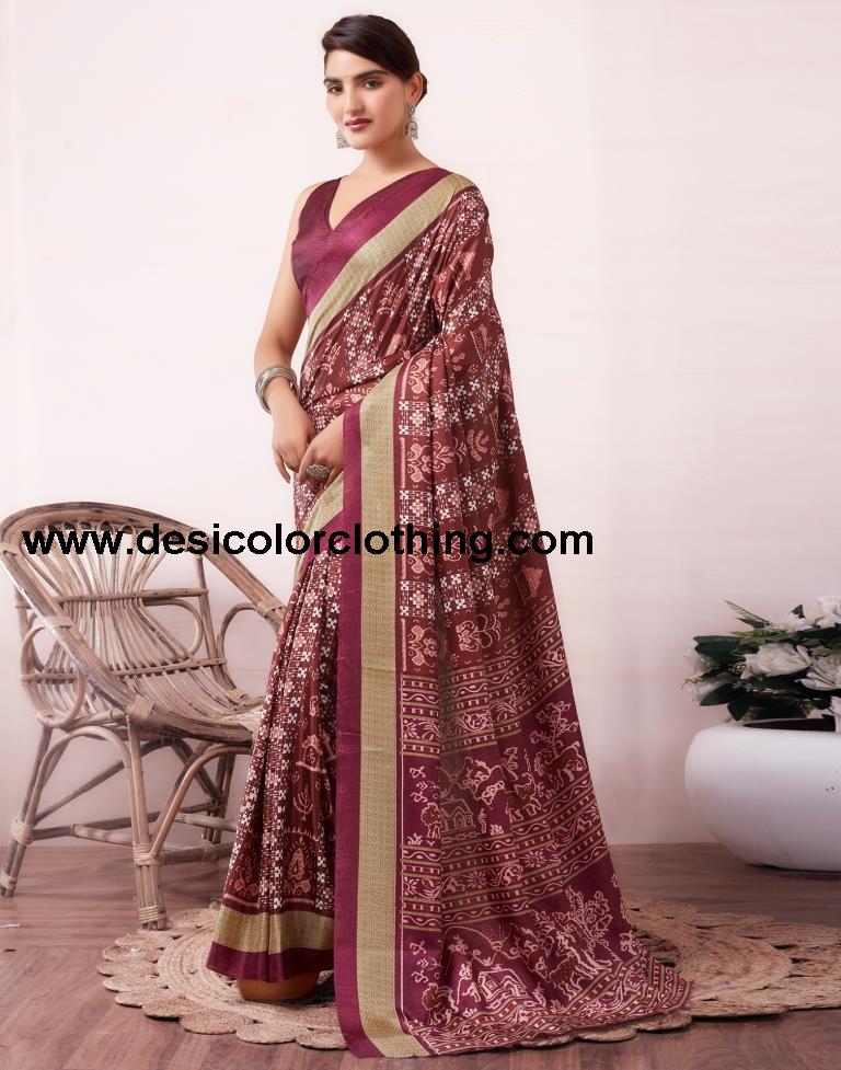 Brown Silk Printed  Saree