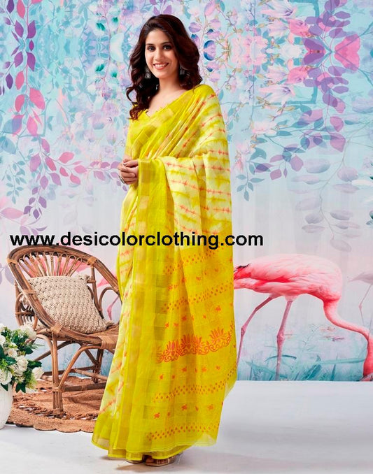Yellow Cotton Zari Saree