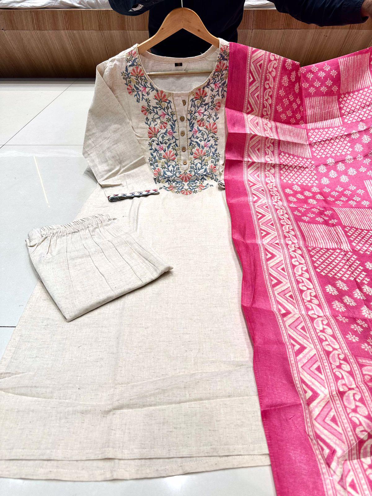 Product Image - Khadi Cotton Embroidery Suit with Khadi Silk Dupatta – Perfect Festive Wear