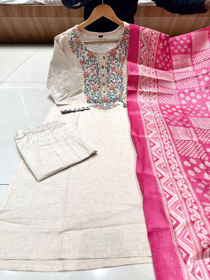 Product Image - Khadi Cotton Embroidery Suit with Khadi Silk Dupatta – Perfect Festive Wear
