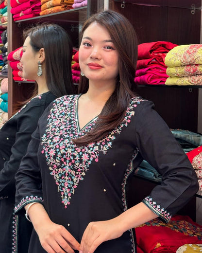 Product Image - Elegant Embroidered Kurti Set – Premium Banana Silk in 3 Stunning Colors