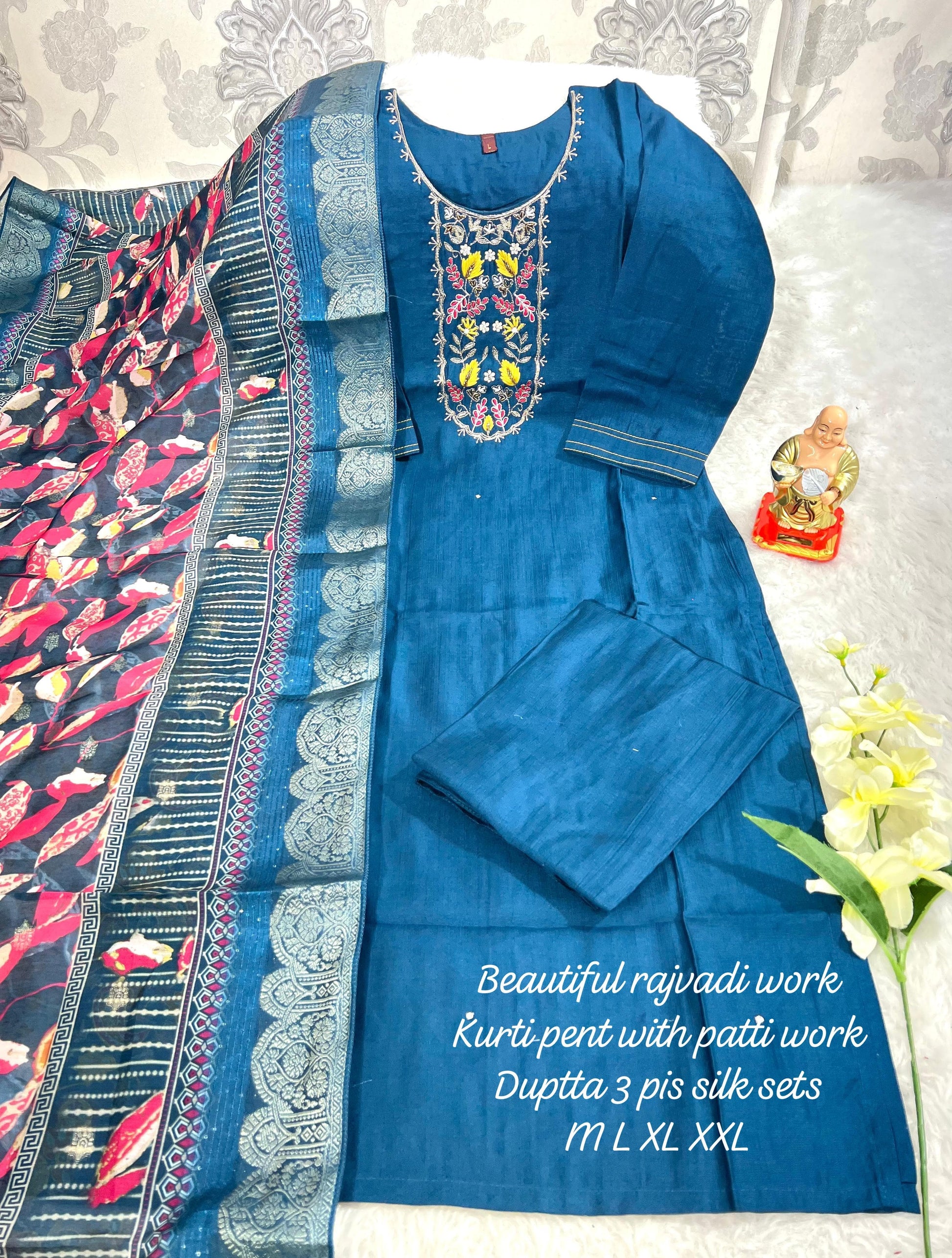 Product Image - Designer Handwork Kurti with Pant & Dupatta Set in Premium Roman Silk – Festive & Wedding Ready