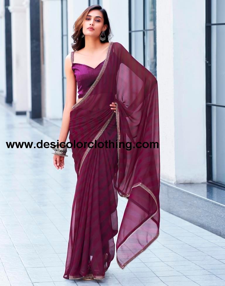 Wine Georgette Printed Saree
