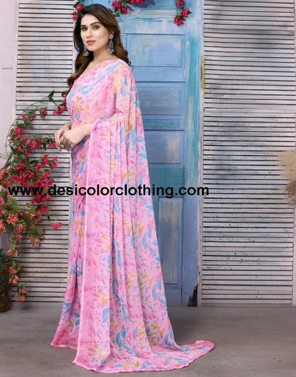 Pink Chiffon Floral Printed Saree